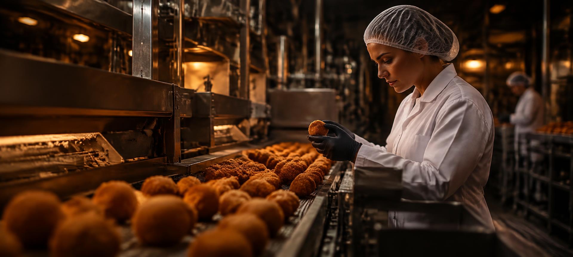 Medewerker controleert bitterballen op de productielijn van Beltaste